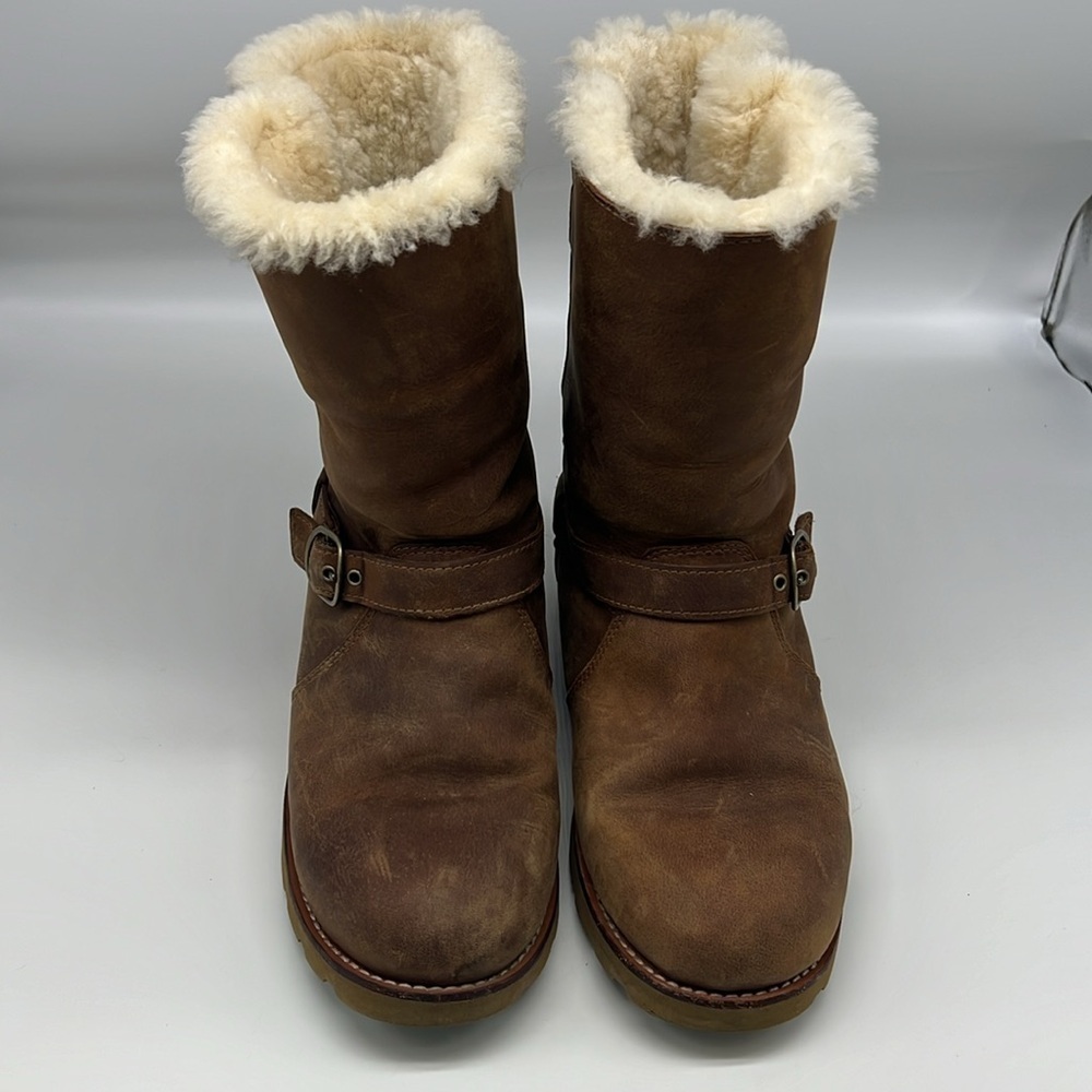 UGG - Australia Noira Chestnut Leather Buckle Pull On Sheepskin Boots Size 7 - Picture 3 of 15